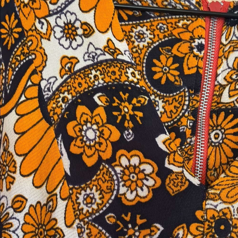 1970s Mexican dress. Orange, blue white maxi. Bishop Sleeves zipper back. - Picture 3 of 7